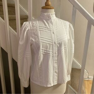 Topshop Edwardian Victorian Inspired White Cotton Button Blouse Puff Sleeves